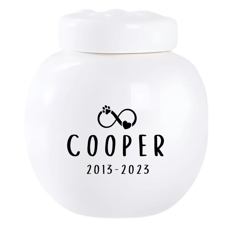 Urne funéraire pour chien personnalisée en céramique – Urne pour animal avec nom, dates & symbole amour éternel