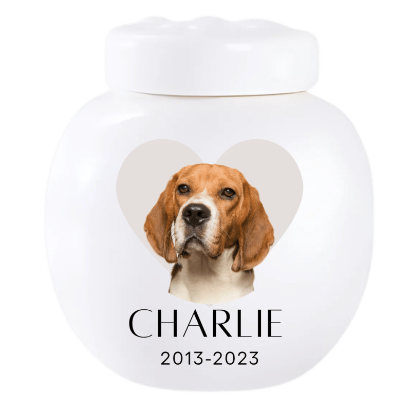 Urne funéraire pour chien personnalisée en céramique avec photo – Urne funéraire avec nom, dates & hommage en forme de cœur