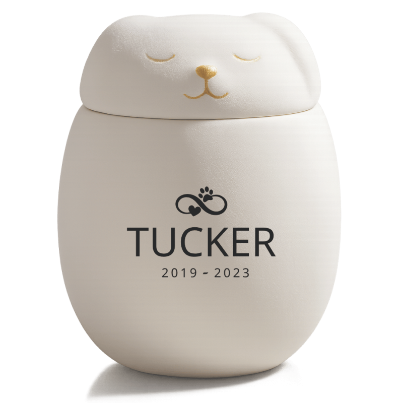 Urne funéraire personnalisée en céramique avec couvercle chien endormi – Urne pour animal avec nom, dates & symbole amour éternel