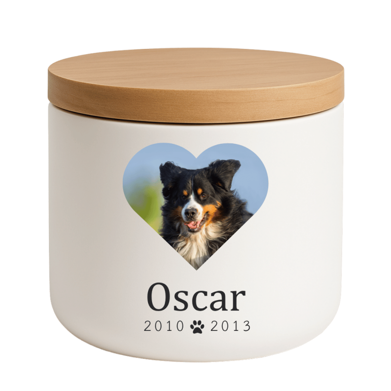 Urne funéraire pour chien personnalisée en céramique avec photo dans un cadre cœur – Urne funéraire pour animal avec nom & dates