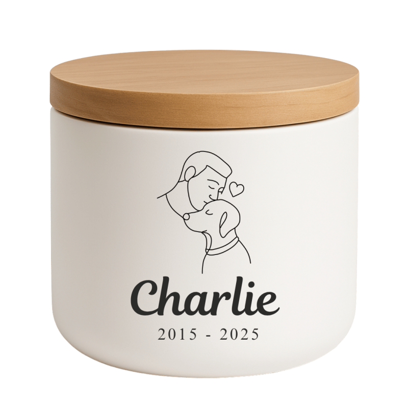 Urne funéraire pour chien personnalisée en céramique avec illustration homme & chien – Urne pour animal avec nom & dates
