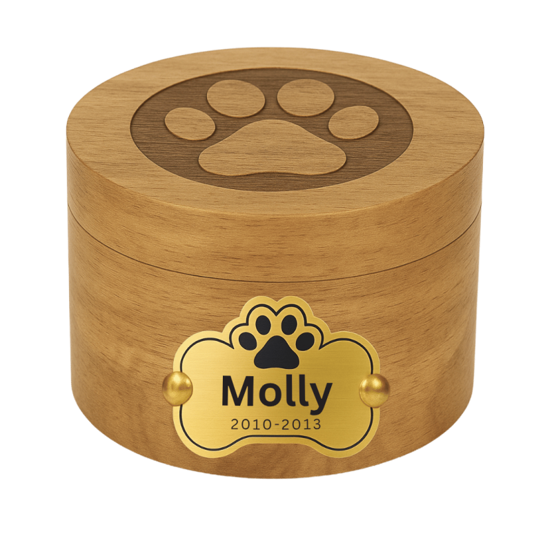 Urne funéraire pour chien en bois avec plaque en aluminium personnalisée – Urne pour animal avec nom & dates gravés