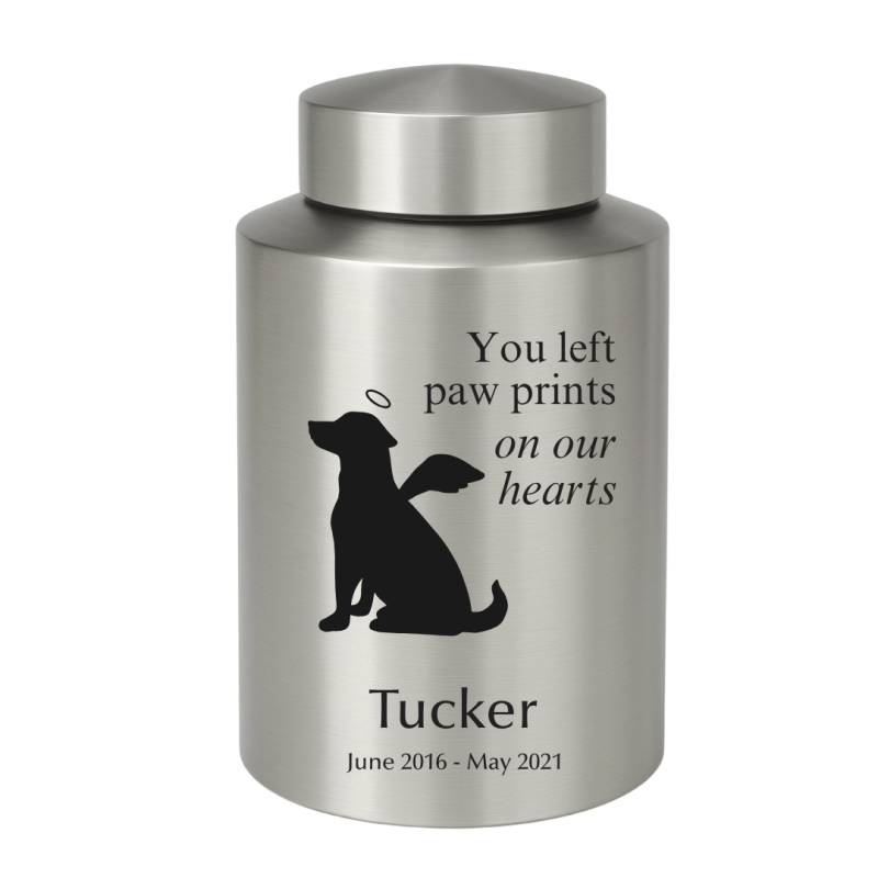 Urne pour chien cylindrique en acier inoxydable personnalisée avec nom, dates, message & motif ange