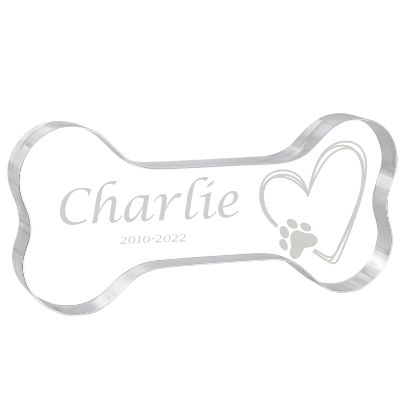 Plaque commémorative chien personnalisée – Os souvenir en acrylique pour animal avec nom, dates, motif cœur-patte gravés