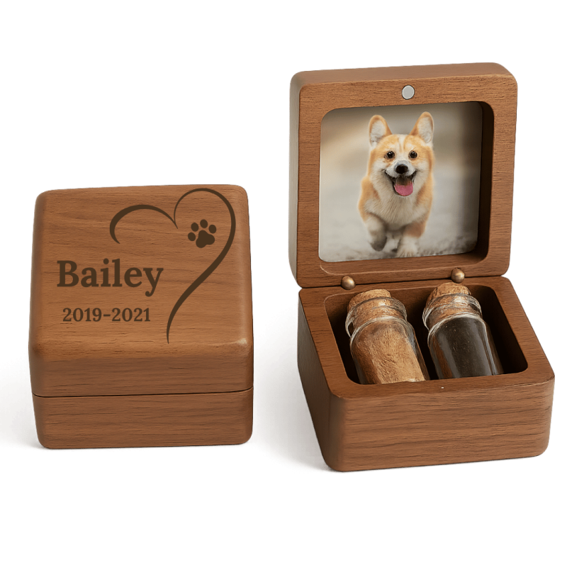 Coffret souvenir en bois pour chien personnalisé avec 2 fioles en verre pour cendres et poils, avec photo, nom, dates et message