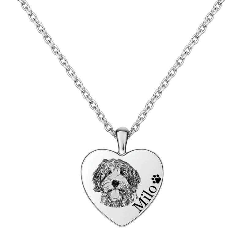 Collier urne funéraire pour cendres de chien cœur personnalisé – Bijou commémoratif avec nom & dessin d’après photo gravés