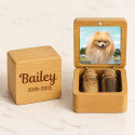 Coffret souvenir en bois pour chien personnalisé avec 2 fioles en verre pour cendres et poils, avec photo, nom & dates