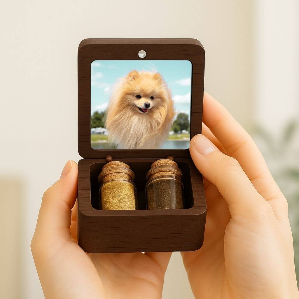 Coffret souvenir en bois pour chien personnalisé avec 2 fioles en verre pour cendres et poils, avec photo, nom & dates