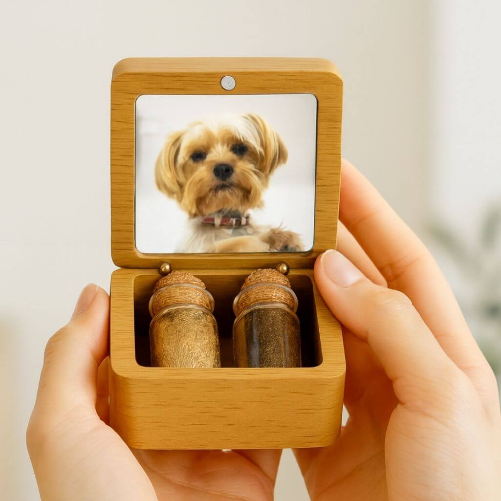 Coffret souvenir en bois pour chien personnalisé avec 2 fioles en verre pour cendres et poils, avec photo, nom & dates