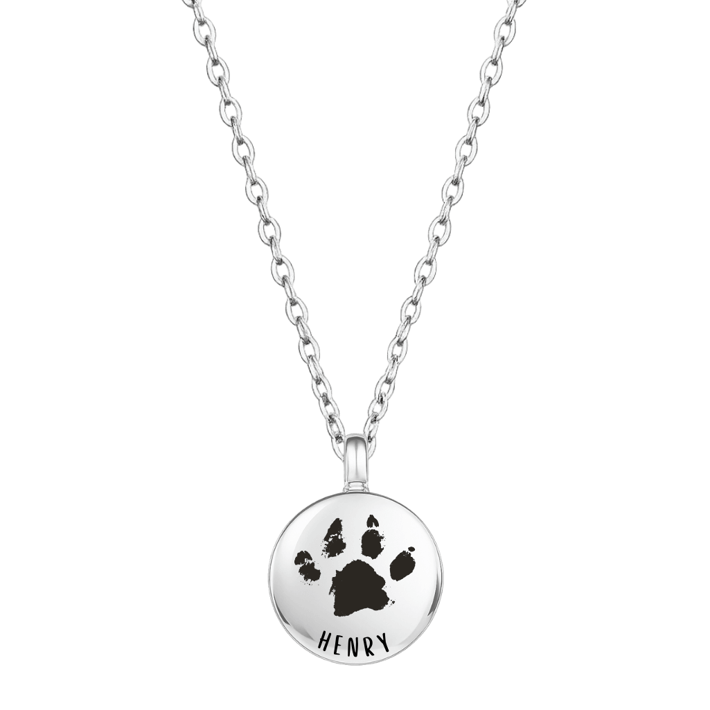 Collier urne funéraire pour cendres de chien rond personnalisé – Bijou commémoratif avec nom & empreinte de patte gravés
