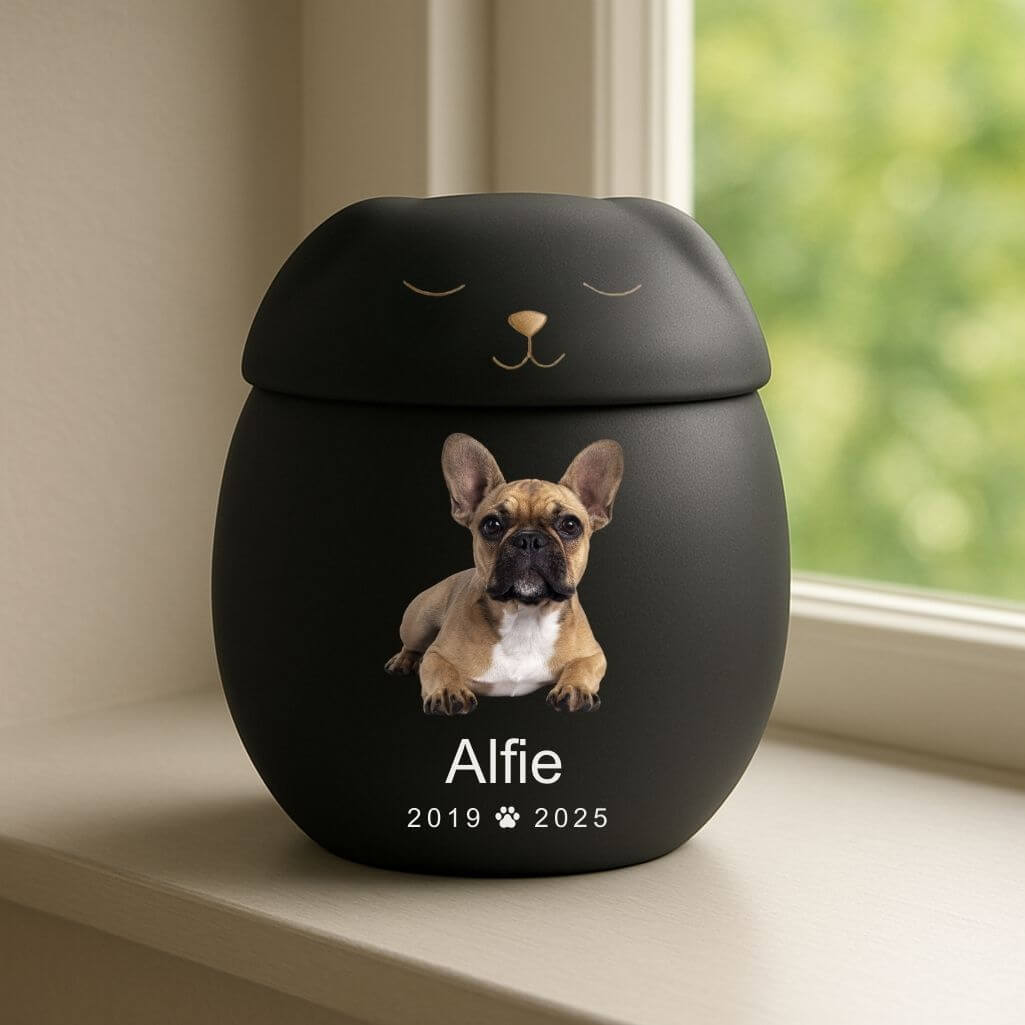 Urne funéraire pour chien personnalisée en céramique avec couvercle chien endormi – Urne pour cendres avec photo, nom & dates