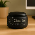 Urne funéraire pour chien personnalisée en céramique – Urne pour chien avec nom, dates, illustration minimaliste & message