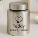Urne pour chien cylindrique en acier inoxydable personnalisée avec nom, dates & motif cœur-patte