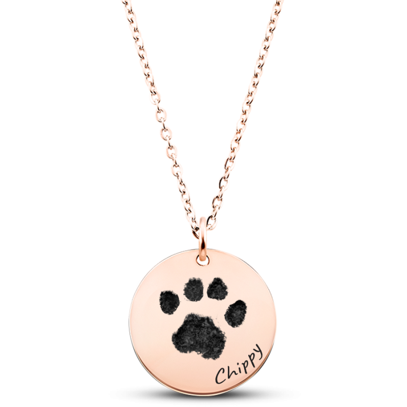 Collier commémoratif rond patte de chien personnalisé – Empreinte de patte, nom & dates gravés