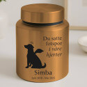 Urne pour chien cylindrique en acier inoxydable personnalisée avec nom, dates, message & motif ange