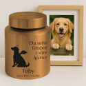 Urne pour chien cylindrique en acier inoxydable personnalisée avec nom, dates, message & motif ange