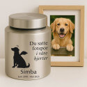Urne pour chien cylindrique en acier inoxydable personnalisée avec nom, dates, message & motif ange