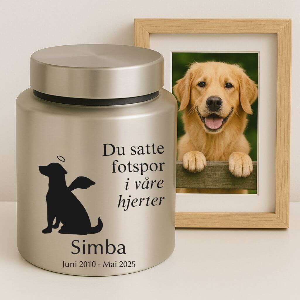 Urne pour chien cylindrique en acier inoxydable personnalisée avec nom, dates, message & motif ange
