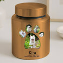 Urne cylindrique pour chien en acier inoxydable personnalisée avec photos dans un cadre en forme de patte, nom & dates