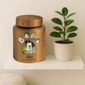 Urne cylindrique pour chien en acier inoxydable personnalisée avec photos dans un cadre en forme de patte, nom & dates