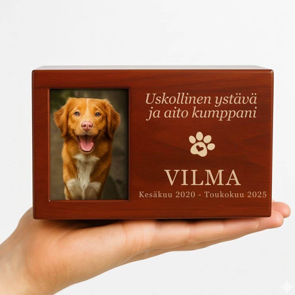Urne funéraire pour chien en bois personnalisée​ avec photo – Coffret souvenir pour cendres avec nom, dates & message gravés