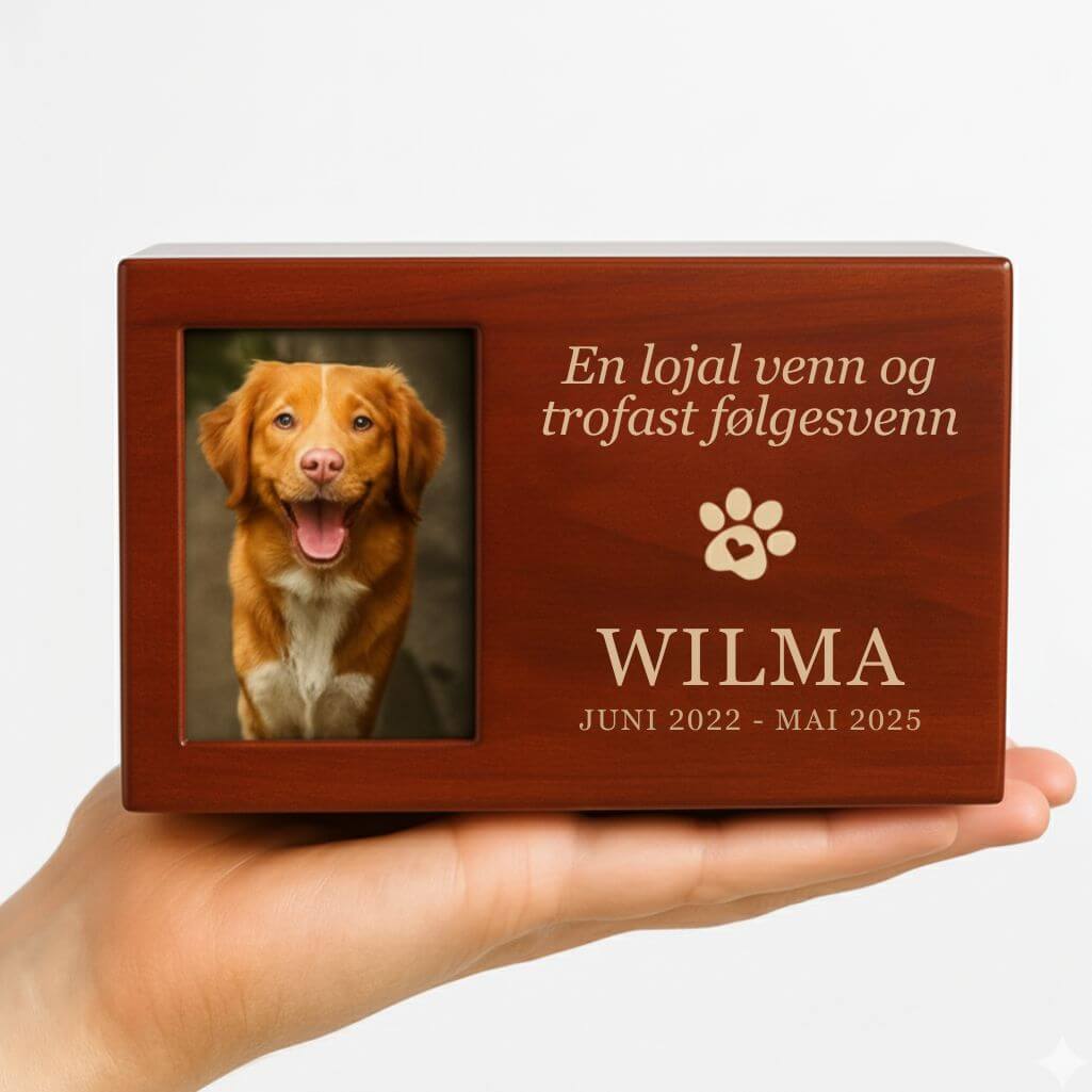 Personlig urne i tre til hund med bilde – gravert minneboks for aske med navn, datoer og hyllest