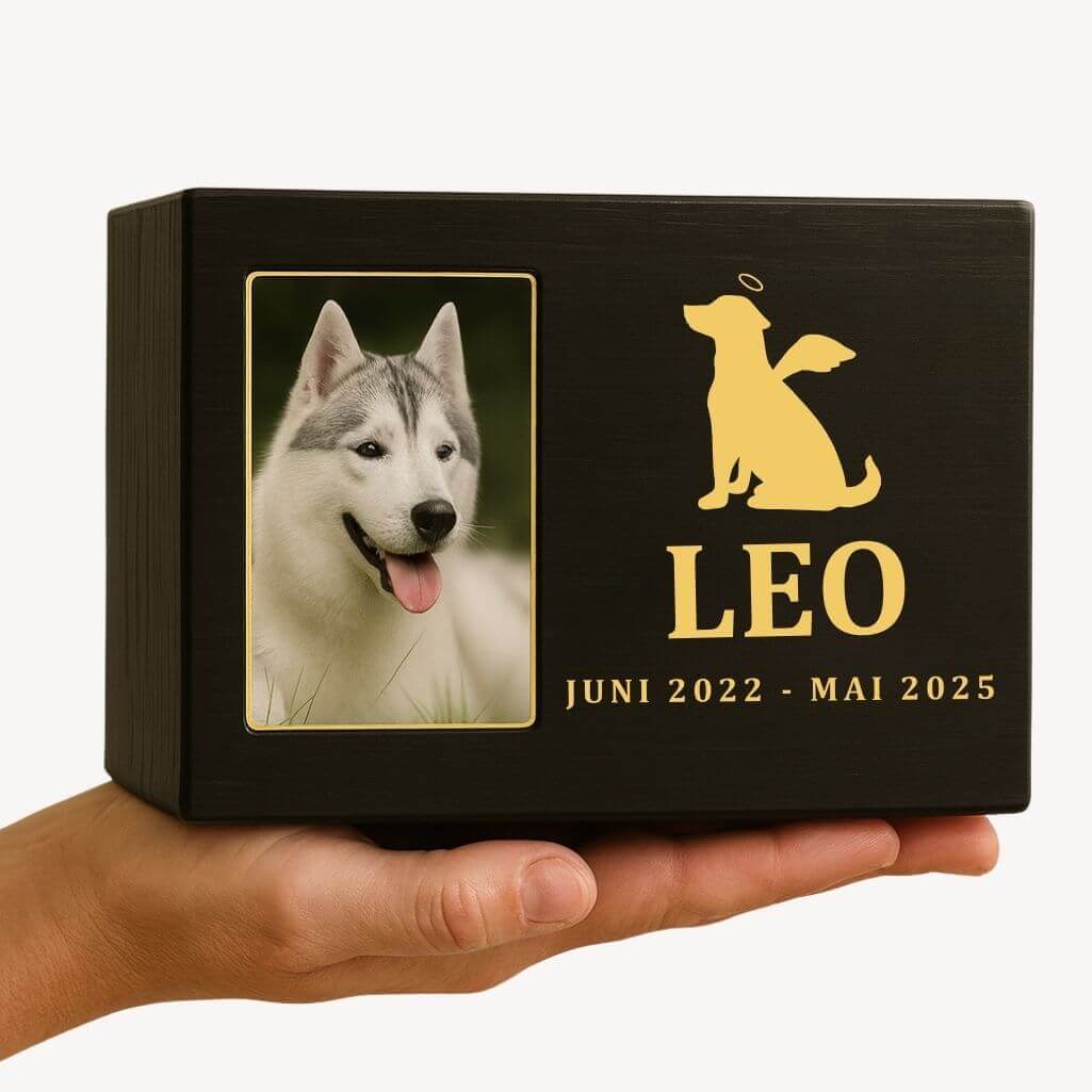 Urne funéraire pour chien en bois noir personnalisée​ avec photo – Coffret souvenir unique avec chien ange, nom & dates