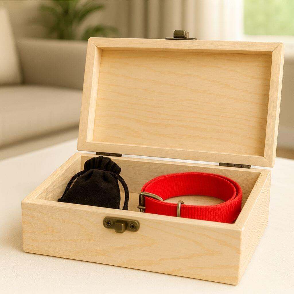 Urne funéraire pour chien en bois clair personnalisée​ avec photo – Coffret souvenir unique avec nom & dates